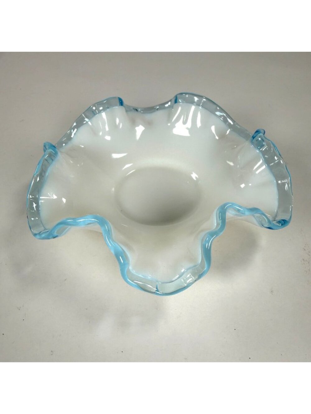 Hand-Blown Opalescent Glass Bowl With Ruffled Blue Edged Rim 6" Unique Vintage